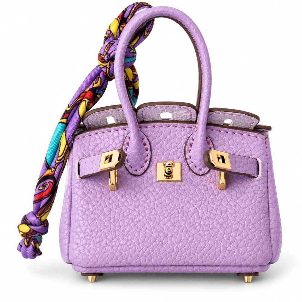 Mini Bag Charm Women Birkin Style Purple Gold Hardware Twilly Satchel